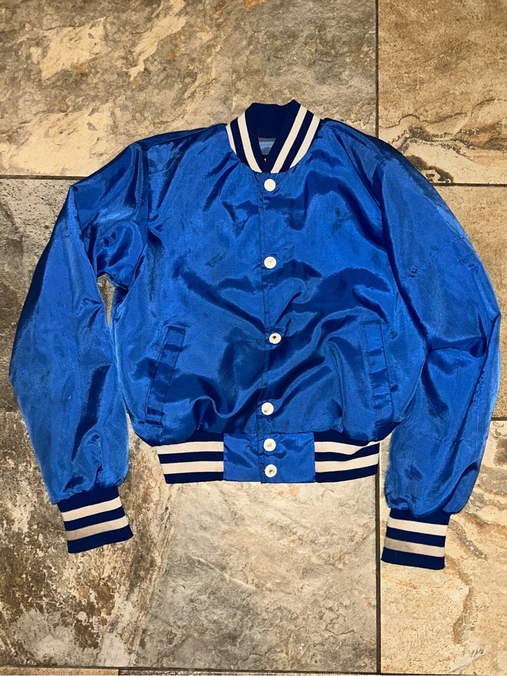 Vintage Kids 80s Athletic Nylon Snap Jacket Blue sz Youth Medium